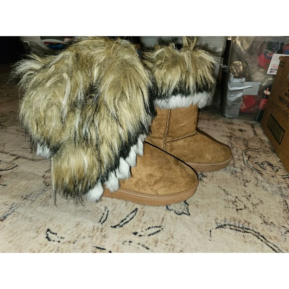 Fashion Tan Faux Suede Mid-Calf Boots with Shaggy Faux Fur Trim Size 38
